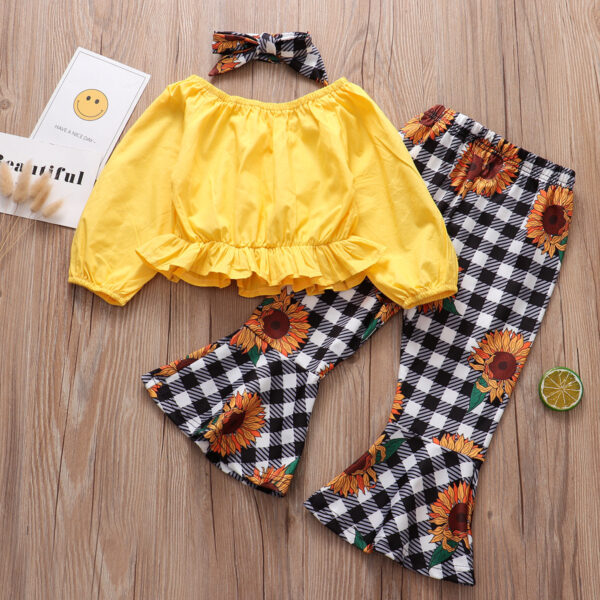Foreign Trade Childrens Clothing WholesaleAutumn New Style Longsleeved Yellow Blouse  Plaid Sun Flower Trousers Girl Suit 3-piece Set - Image 3