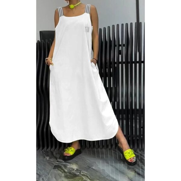 Casual Cotton And Linen Pocket Striped Shoulder Strap Skirt - Image 6