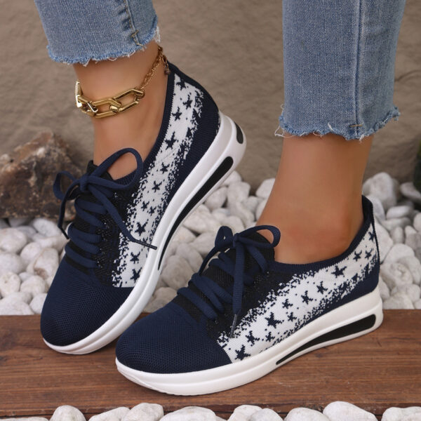 Fashion Lace-up Mesh Sneakers With Stars-printed Design Casual Thick Bottom Round Toe Flat Shoes For Women Non-slip Running Walking Sports Shoes - Image 9