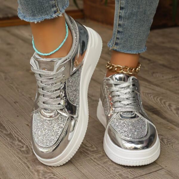 Fashion Lace-up Flat Shoes With Sequin Design Casual Sports Thick Bottom Round Toe Shoes For Women Non-slip Walking Sneakers - Image 2