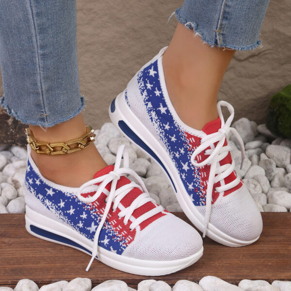 Fashion Lace-up Mesh Sneakers With Stars-printed Design Casual Thick Bottom Round Toe Flat Shoes For Women Non-slip Running Walking Sports Shoes - Image 4
