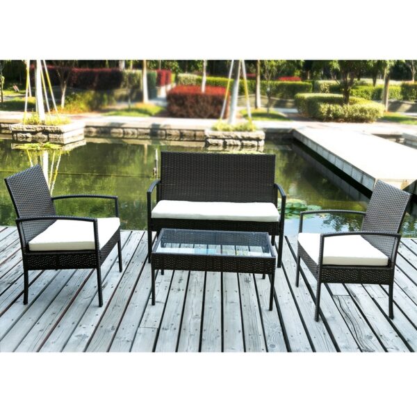 4Pcs Outdoor Rattan Furniture Set Patio Cushioned Set Garden Sofa Set(Beige Cushion) - Image 2