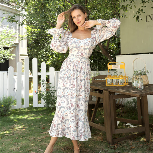 Women's Square Neck Long Sleeved Printed Dress - Image 7