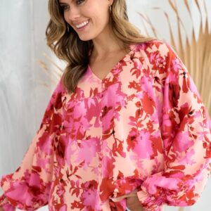 Hailey & Co Ruffle V-Neck Decor Button Floral Blouse