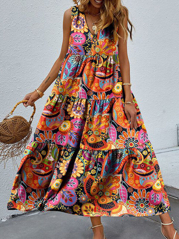 Women's Casual Floral V-neck Vest Large Hem Dress - Image 6