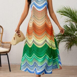 Ladies' Neck Hanging Peacock Element Printed Casual Dress