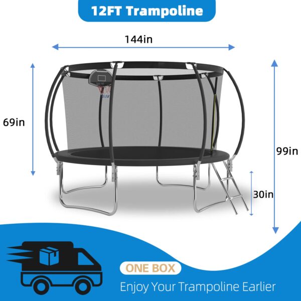 12 FT TRAMPOLINE BLACK PUMPKIN-STYLE SAFETY NET WITH BASKETBALL HOOP - Image 4