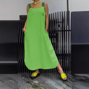 Casual Cotton And Linen Pocket Striped Shoulder Strap Skirt