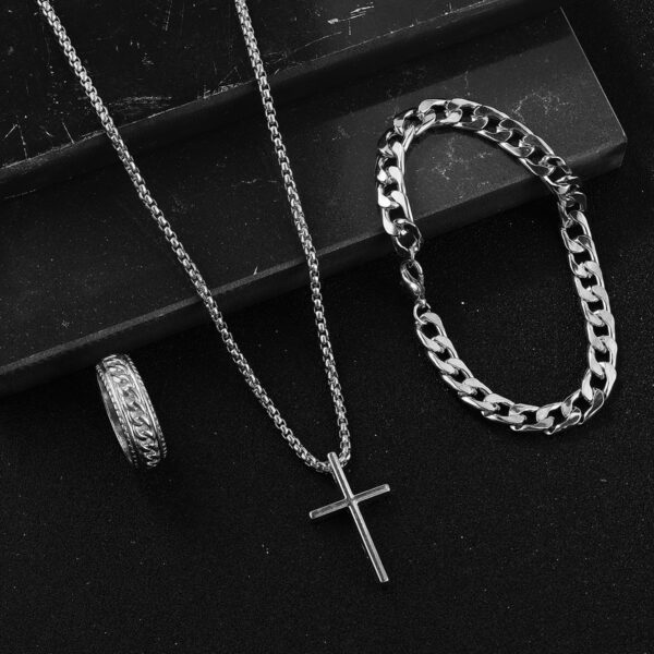 Men's Cross Necklace Ring Bracelet Suit - Image 7