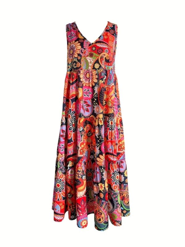 Women's Casual Floral V-neck Vest Large Hem Dress - Image 5