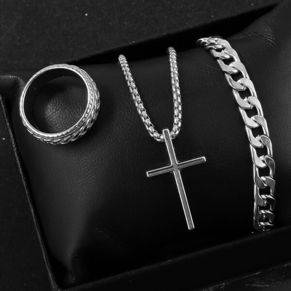 Men's Cross Necklace Ring Bracelet Suit - Image 6