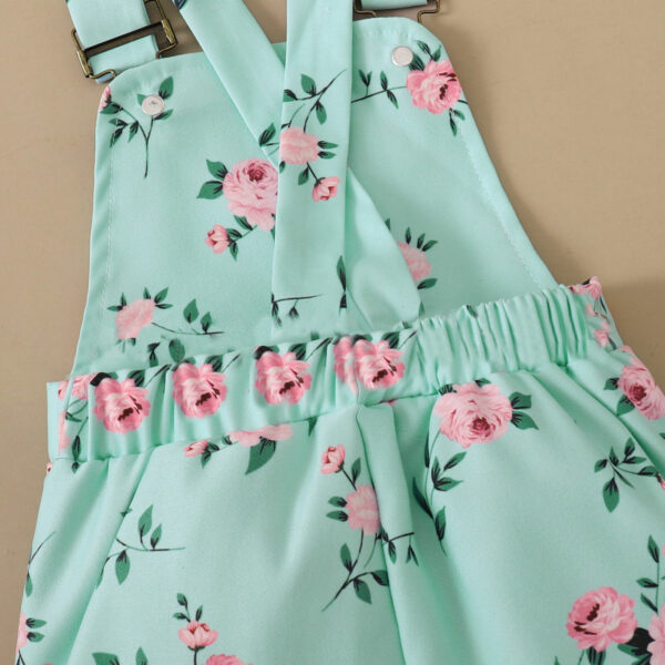 Short Sleeve Flounced Sleeve T-shirt Floral Suspender Pants Suit - Image 6