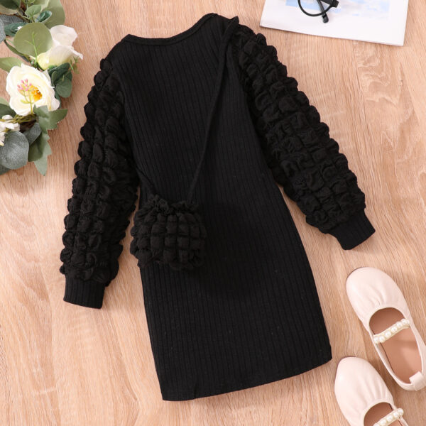 Girl Long-sleeved Bubble Sleeve Sunken Stripe Solid Color Dress - Image 2