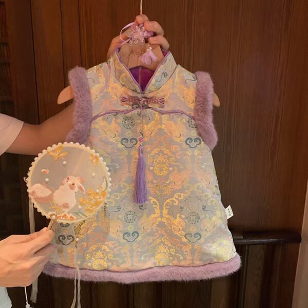 Girls' Fashion Velvet Padded Cheongsam Dress - Image 3