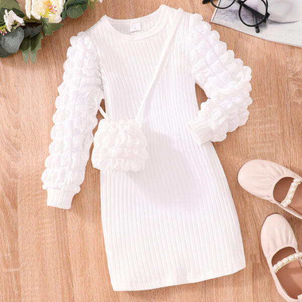 Girl Long-sleeved Bubble Sleeve Sunken Stripe Solid Color Dress - Image 4