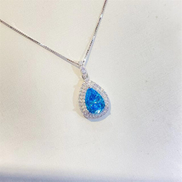 Ocean Blue Sapphire Water Drop Moissanite Pendant Clavicle Chain - Image 3