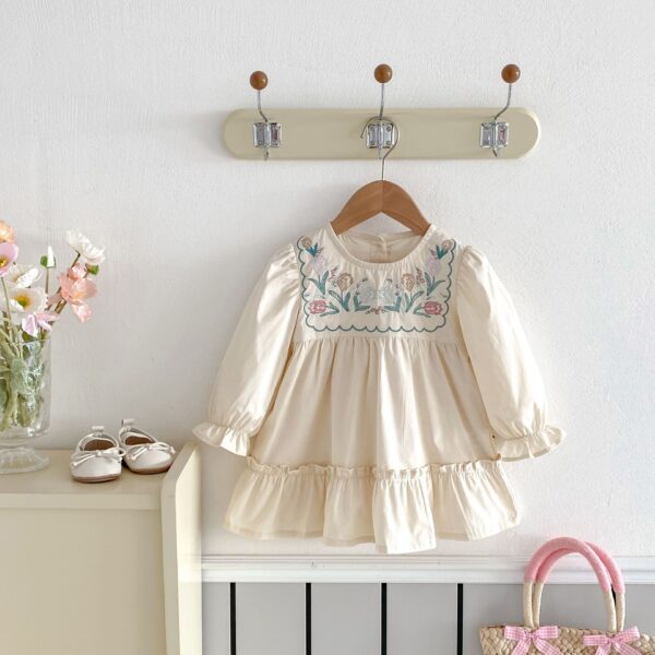 Girls' Ruffled Long Sleeve Flower Embroidered Dress - Image 4