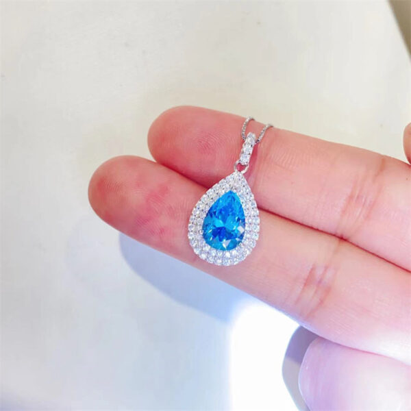 Ocean Blue Sapphire Water Drop Moissanite Pendant Clavicle Chain - Image 2