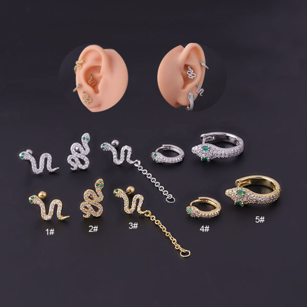 Fine Rod Stainless Steel Green Eyes Zircon Snake Ear Bone Stud - Image 2