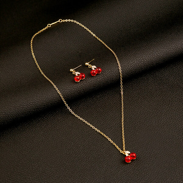 French Garnet Cherry Pendant Wine Red Ear Stud Necklace Suit Sweet - Image 5