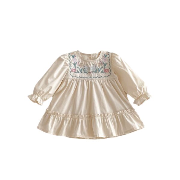 Girls' Ruffled Long Sleeve Flower Embroidered Dress - Image 2