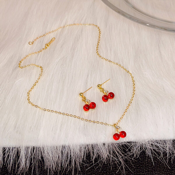 French Garnet Cherry Pendant Wine Red Ear Stud Necklace Suit Sweet - Image 4