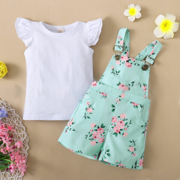 Short Sleeve Flounced Sleeve T-shirt Floral Suspender Pants Suit - Image 2