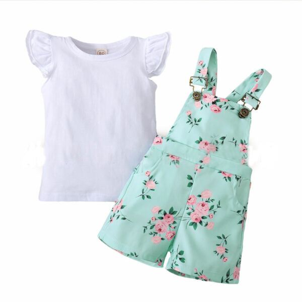Short Sleeve Flounced Sleeve T-shirt Floral Suspender Pants Suit - Image 4