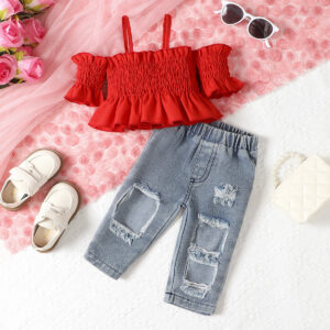 Children's Work Clothes Solid Color Vest Top And Jeans