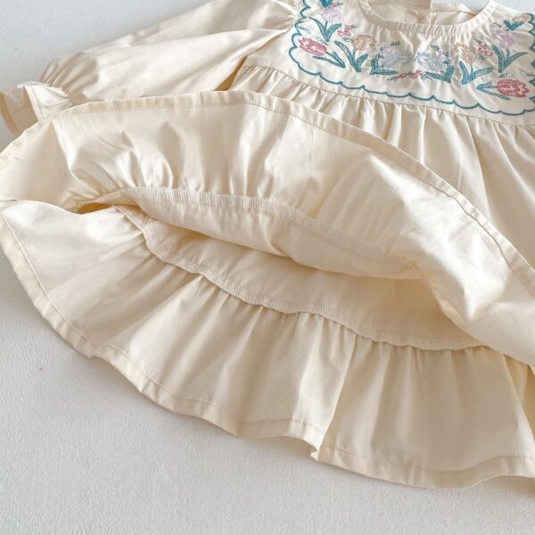 Girls' Ruffled Long Sleeve Flower Embroidered Dress - Image 3