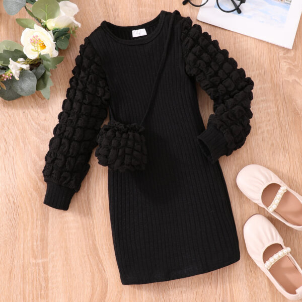 Girl Long-sleeved Bubble Sleeve Sunken Stripe Solid Color Dress - Image 3