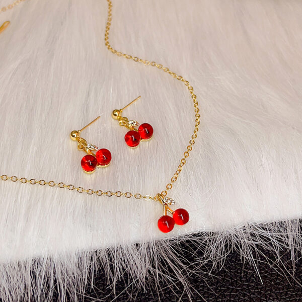 French Garnet Cherry Pendant Wine Red Ear Stud Necklace Suit Sweet - Image 2
