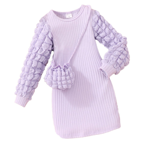Girl Long-sleeved Bubble Sleeve Sunken Stripe Solid Color Dress - Image 5