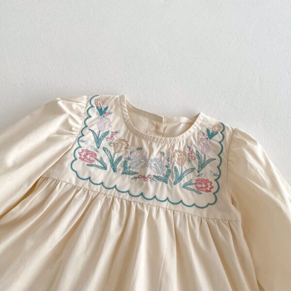 Girls' Ruffled Long Sleeve Flower Embroidered Dress - Image 5