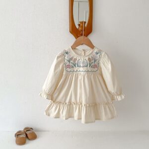 Girls' Ruffled Long Sleeve Flower Embroidered Dress