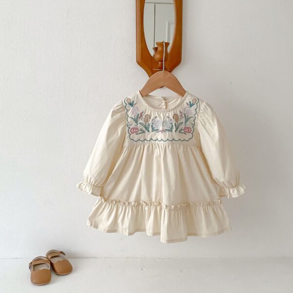 Girls' Ruffled Long Sleeve Flower Embroidered Dress