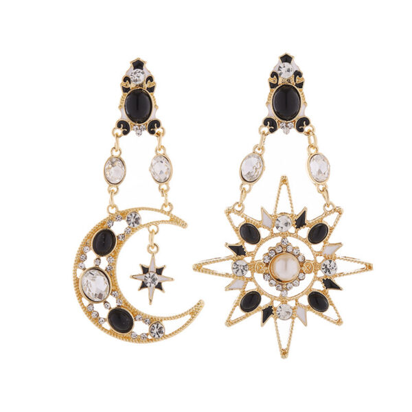 Retro Exaggerated Earrings For Women Rhinestone Pearl Moon - Image 2