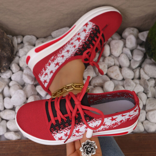 Fashion Lace-up Mesh Sneakers With Stars-printed Design Casual Thick Bottom Round Toe Flat Shoes For Women Non-slip Running Walking Sports Shoes - Image 8