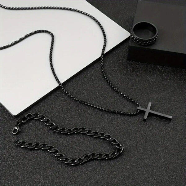 Men's Cross Necklace Ring Bracelet Suit - Image 2