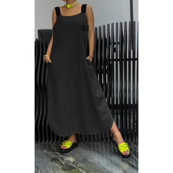 Casual Cotton And Linen Pocket Striped Shoulder Strap Skirt - Image 3