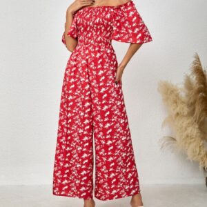Ladies' Printed Square Neck Fashionable Loose Vacation Style Jumpsuit