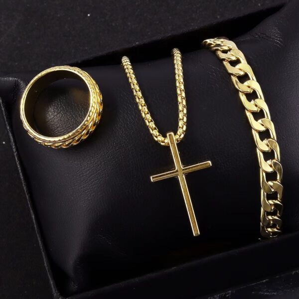 Men's Cross Necklace Ring Bracelet Suit - Image 8