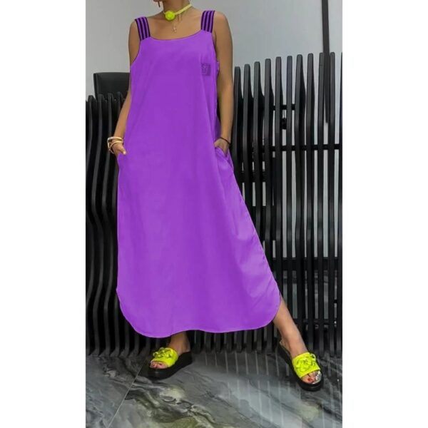 Casual Cotton And Linen Pocket Striped Shoulder Strap Skirt - Image 4