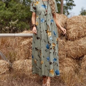 Women's Printed Round Neck Fashionable Casual Short Sleeved Home Long Skirt