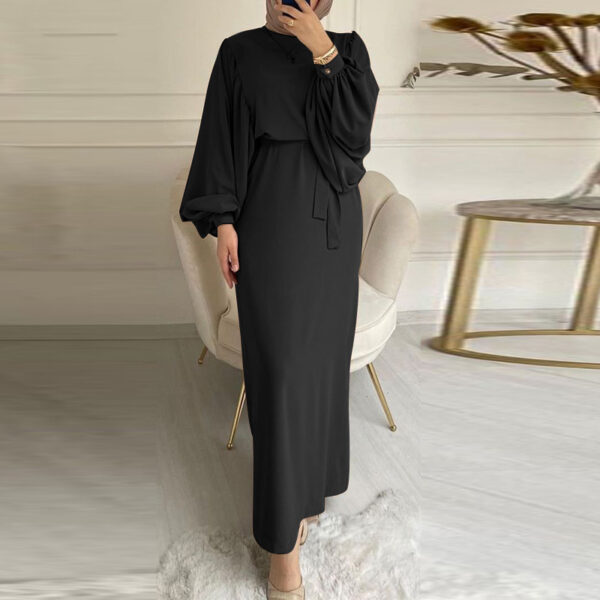 Solid Color Long Sleeve Casual Muslim Dress Robe Robe Dress - Image 5