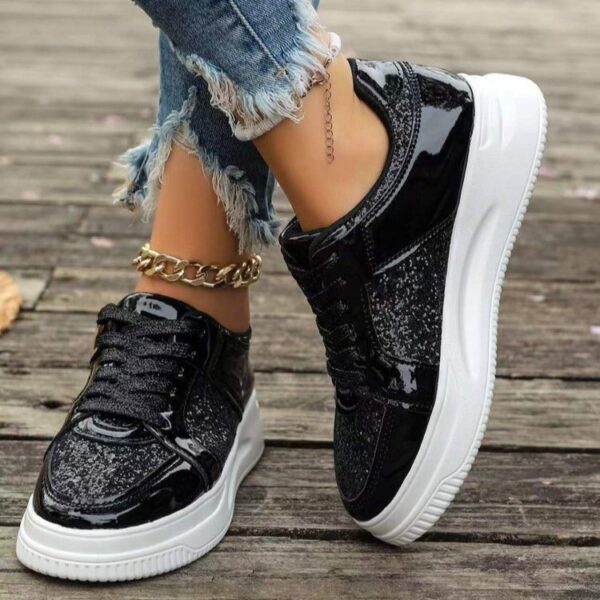 Fashion Lace-up Flat Shoes With Sequin Design Casual Sports Thick Bottom Round Toe Shoes For Women Non-slip Walking Sneakers - Image 7