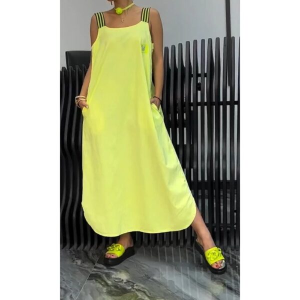 Casual Cotton And Linen Pocket Striped Shoulder Strap Skirt - Image 2