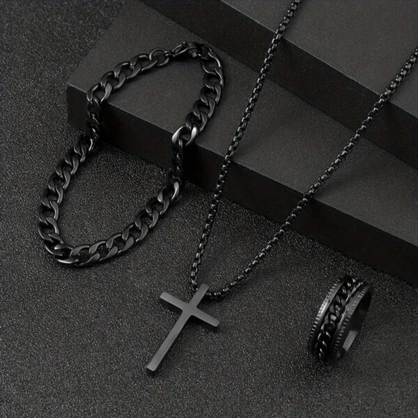 Men's Cross Necklace Ring Bracelet Suit - Image 5