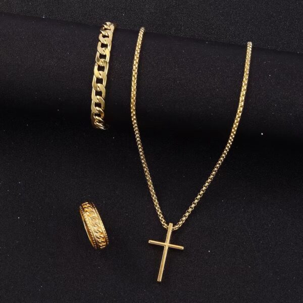 Men's Cross Necklace Ring Bracelet Suit - Image 9