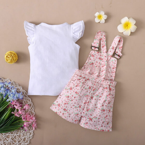 Short Sleeve Flounced Sleeve T-shirt Floral Suspender Pants Suit - Image 3